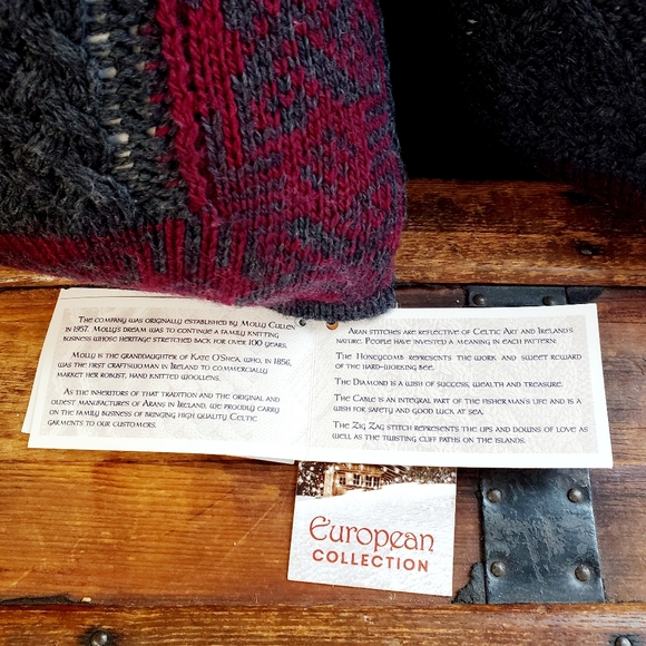 2 Pc ARAN MOR Ireland Decorative Throw Pillow 100% Merino Wool Charcoal Burgundy - Picture 6 of 13